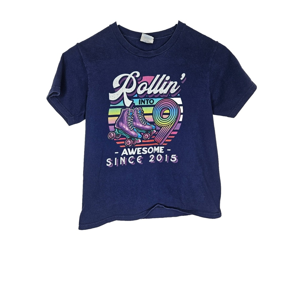 Kids Rollin' Into 2015 Tee Youth M Blue Birthday Graphic Retro‎ Skate Vintage